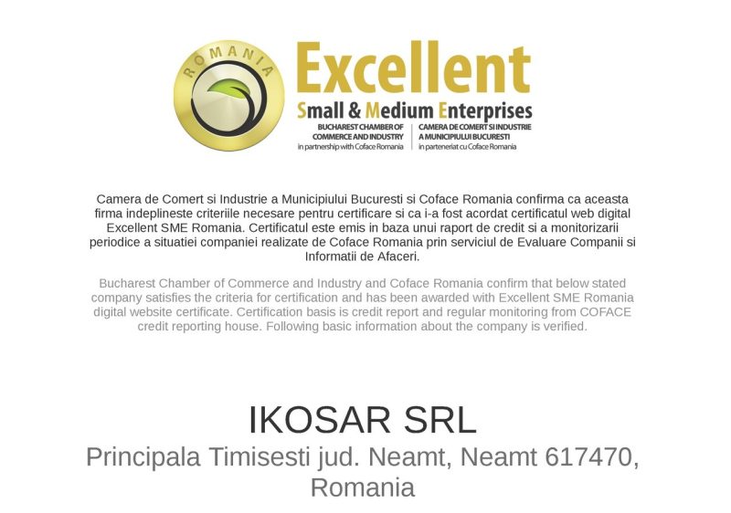 certificat excelenta IKOSAR SME 2018